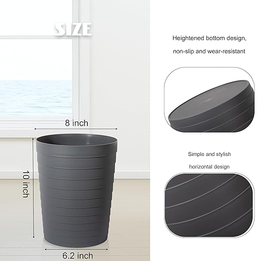 UUJOLY Small Bathroom Trash Can Wastebasket, Plastic Garbage Bin Container Basket for Bathrooms, Laundry Room, Kitchens, Offices, Kids Rooms, Dorms, Dark Grey, 1.8 Gallon