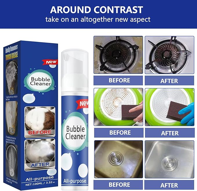 (100ML*3PCS) Bubble Cleaner Foam,Foaming Heavy Oil Stain Cleaner,All-Purpose Rinse-free Cleaner Spray,Kitchen Deep Cleaning Spray,Powerful Stain,Stubborn Grease & Grime Remover Bubble Spray