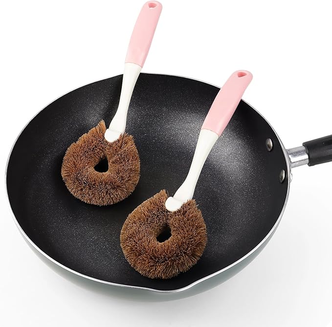 2 Pack Kitchen Scrub Brushes for Cleaning Dish Brush with Handle for Pans, Pots, Kitchen Sink Cleaning Scrub Brushes (Coconut Fiber)