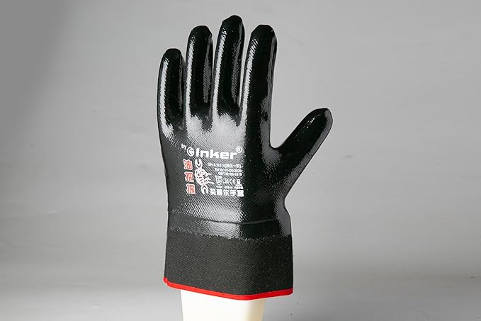 Oil Grasp 374 INKER Gloves, Large Cuff, Nitrile Coated Gloves, Oil-Immersion & Acid-Alkali Resistant, Durable & Abrasion-Resistant,Size 10, Black(Pack of 12)