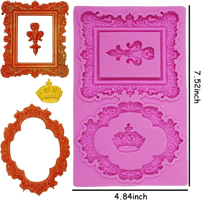 Baroque Mirror Frame Silicone Fondant Molds European Vintage Crown Cake Decoration Molds for Anniversary Weddings Bridal Shower Chocolate Candy Sugar Gum Paste Butter Resin Cookies Polymer Clay