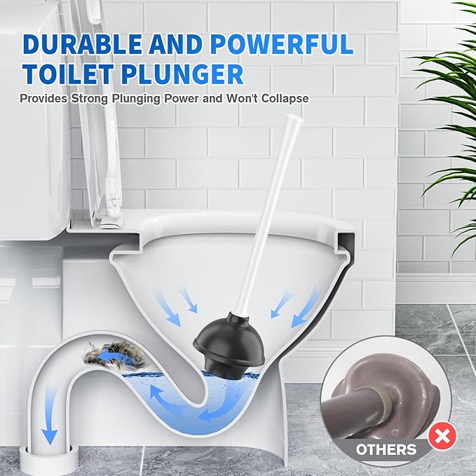 Toilet Plunger and Brush, Silicone Bowl Brush and Heavy Duty Toilet Plunger Set with Ventilated Holder, 2-in-1 Toilet Brush and Plunger Combo for 5.3-inch Bathroom Cleaning (White, 1 Set)