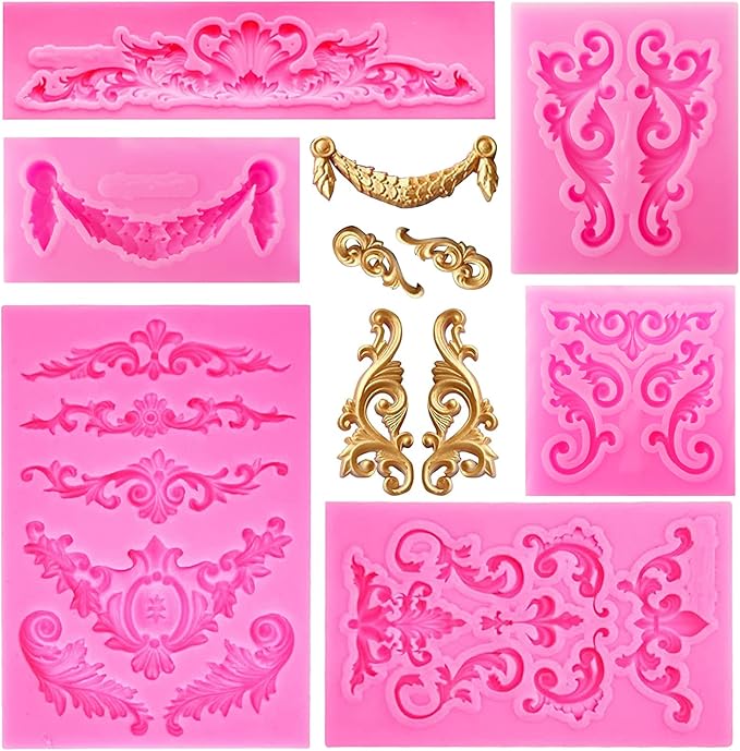 Baroque Style Silicone Molds, Curlicues Scroll Lace Fondant Molds, Vintage Relief Flower Mould Filigree 3D Clay Mold for Gummy Sugar Cookie Pastry Chocolate Mold for Clay Cupcake Topper Decor(6Pcs)