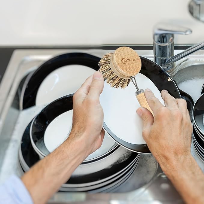 Bamboo Dish Scrubber with Handle - Natural Hard Bristles, Compostable & Sustainable, Kitchen Scrub Brush for Dishes, Pots and Pans