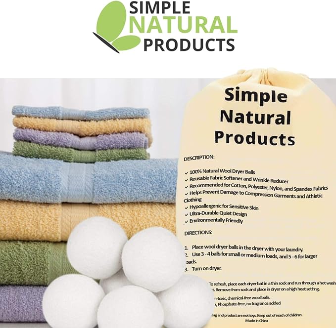 Simple Natural Products Wool Dryer Balls - Fabric Softener and Dryer Sheets for Laundry Supplies – Reusable Wrinkle and Static Guard Wool Balls – Unscented for Sensitive Skin (6 XL Pack)