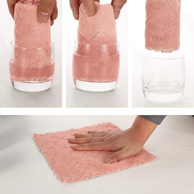 Cleaning Cloths Kitchen Towels Microfiber Washcloths Lint Free Dish Cloth Reusable Dishtowels Household Super Absorbent Fast Drying, 10"x10", Pack of 5 (Pink-Grey)