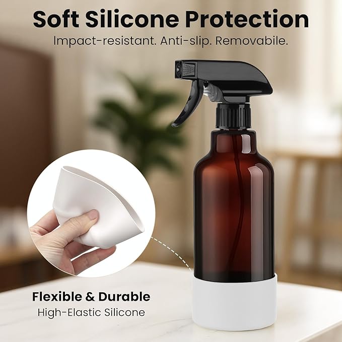 Glass Spray Bottles with Silicone Sleeve 16.9oz 2 Pack Empty Spray Bottle for Hair Mist/Stream Spraying for Cleaning Solutions, Plants, Essential Oils (Brown-grey&white)