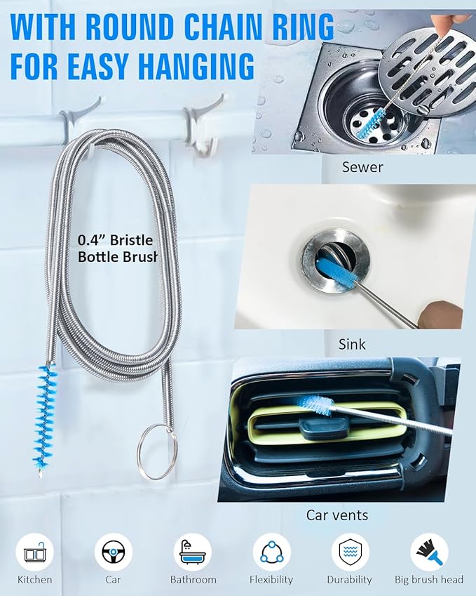 Cleaning Brush,13Pcs Stainless Steel Nylon Brush Set,Flexible and Portable Cleaning Brushes for Household Use,Bottle Washing Brush,Long Pipe Cleaners,Sunroof Drain Cleaning Tool