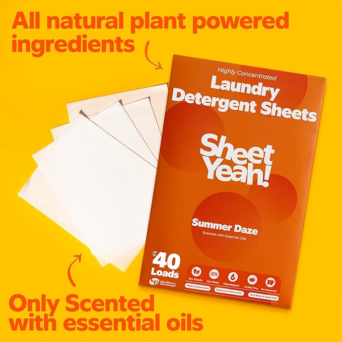 Laundry Detergent Sheets Eco-Friendly, Hypoallergenic, Gentle on Skin, Highly Concentrated, Wash (Summer Daze, 20 Sheets (40 Standard Loads))