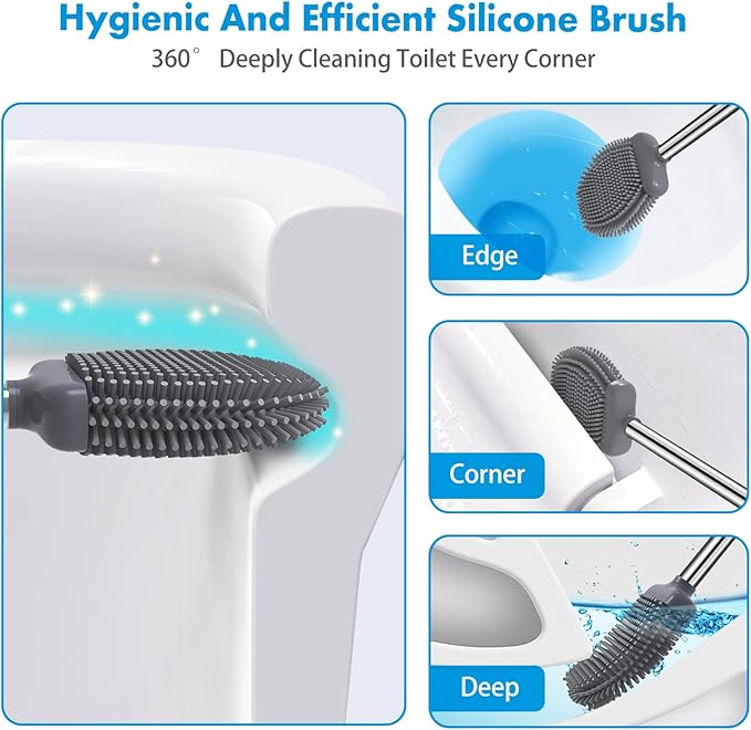 Toilet Brush, Silicone Toilet Brush and Holder Set, Flexible Toilet Bowl Brush Head with Ventilated Holder, Wall Mounted Compact Toilet Scrubber Set for Bathroom Cleaning (1, White)