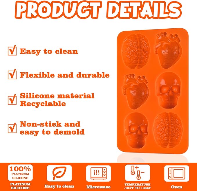 Sakolla Skull Brain and Heart Silicone Mold, 2 Pack Halloween Baking Molds for Make Human Organs shape Cake, Chocolate, Gelatin, Jelly, Soap and Resin