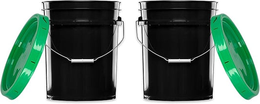 House Naturals 5 Gallon Black Bucket Pail with Green lids Food Grade BPA Free (Pack of 2) Durable 90 Mil All Purpose Container