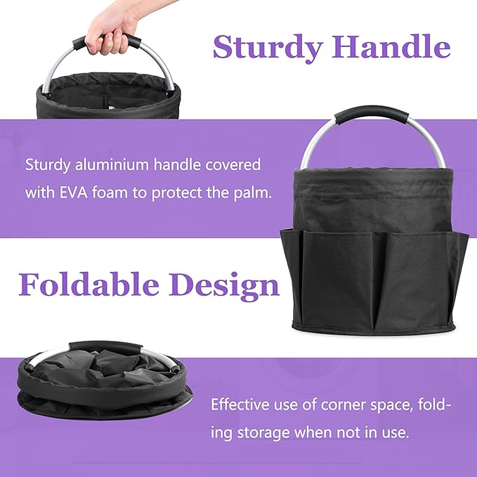 2Pack 17L Foldable Cleaning Supply Caddy with Handle, Portable Bucket Tool Organizer, Garden Tool Bag in 600D Oxford Fabric, Folding Storage Basket for Outdoor, Bathroom, Black + Dark Gray