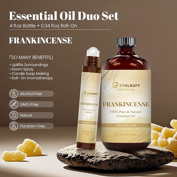 Frankincense Essential Oil (4 fl.oz Bottle + 0.34 fl.oz Roll-On) — Frankincense Oils for Aromatherapy, Diffusers, Humidifiers, Home fragrances, DIY Skincare, Candle, Soap Making, Relaxation, Yoga