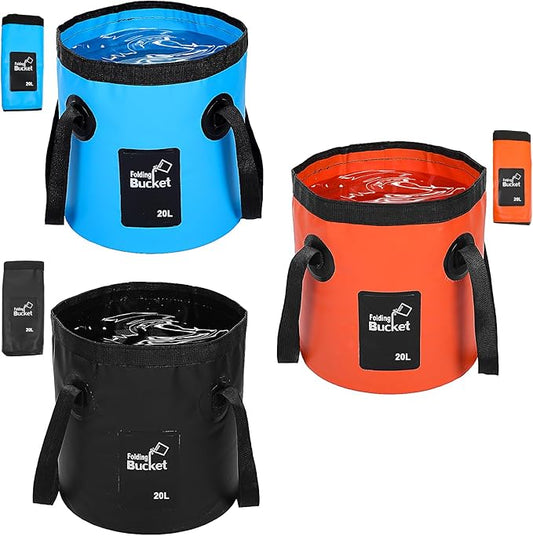 3 Pcs 20L (5-Gallon) Collapsible Bucket Set – Portable Foldable Water Container with Handle for Camping, Hiking, Fishing, Car Washing (Black, Orange, Blue)