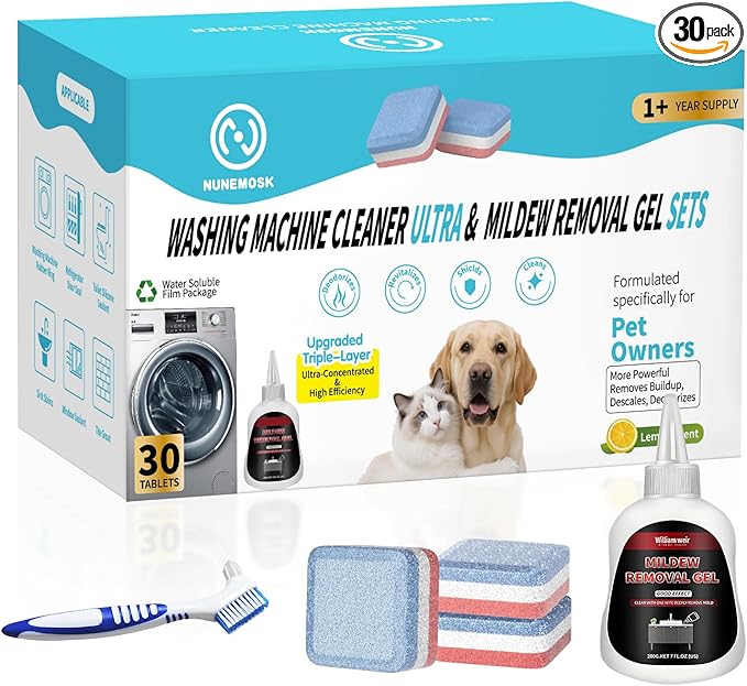 Washing Machine Cleaner Tablets Ultra - Designed for Pet Owners, Removes Residue, Grime & Odors, with Mold Cleaning Gel&Brush, Compatible with HE, Top&Front Load, 30 Tablets-12+ Month Supply