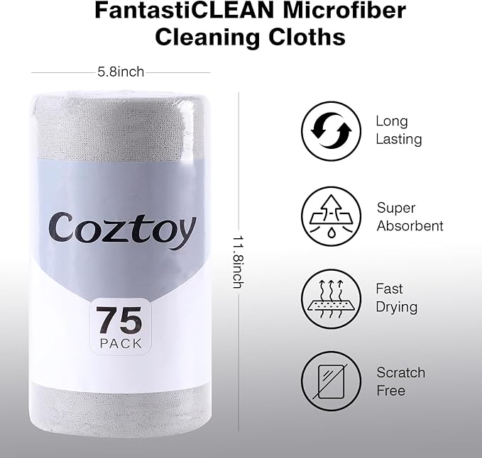 Microfiber Cloth Roll 75 Pack, 180GSM, Tear Away Microfiber Towels 12x12 Inch, Reusable Cleaning Rags for Car Detailing, Kitchen, Dishes, House Cleaning, Windows, Glass, Garage, Shop (Grey)