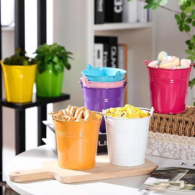 Therwen 24 Pieces Small Metal Buckets Colored Galvanized Bucket Round Metal Pail for Kids Classroom Candy Crafts,Utensils, Vase Party Favor(with Handle,5.71 Inch)