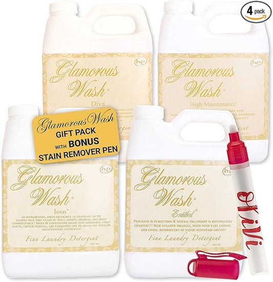 Kinara Tyler Glamorous Wash Liquid Laundry Detergent Gift Pack - Olivi Stain Remover Pen, For Washing Clothes, Linen, Lingerie, Expensive Fabric, Sheets - Pack of 4-4 fl oz each