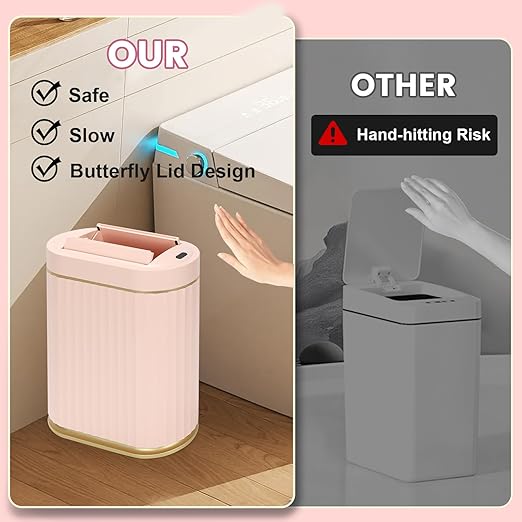 ELPHECO Bathroom Trash Can with Lid Butterfly, Motion Sensor Trash Can Bathroom Decor Automatic Garbage Can Wastebasket Bathroom Accessories, Kitchen, Living Room, Office, Pink Gold