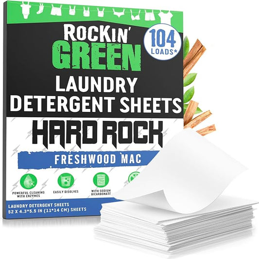 Rockin' Green Hard Rock Travel Laundry Detergent Sheets for Hard Water - Mess-Free Laundry Sheet Detergent with Sodium Bicarbonate - Easily Dissolvable Laundry Soap Sheets (104 Loads, Freshwood Mac)