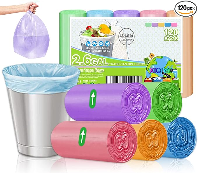 Small Garbage Bags 2.6 Gallon Colorful Biodegradable Trash Bags,120 Counts Bathroom Garbage Bags Unscented Wastebasket Liners for Office, Bedroom,Living Room 7-10L