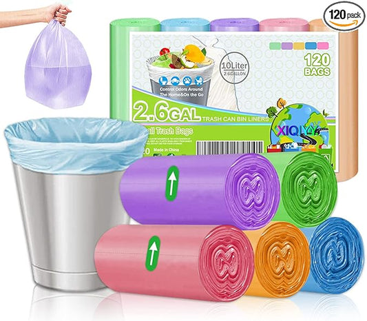 Small Garbage Bags 2.6 Gallon Colorful Biodegradable Trash Bags,120 Counts Bathroom Garbage Bags Unscented Wastebasket Liners for Office, Bedroom,Living Room 7-10L