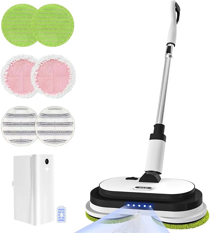 Cordless Electric Mop, Floor Cleaner with LED Headlight & Water Sprayer, Up to 60 Mins Detachable Battery, Dual-Motor Powerful Spin Mop, 300ML Water Tank for Multi-Surface, Self-Propelled
