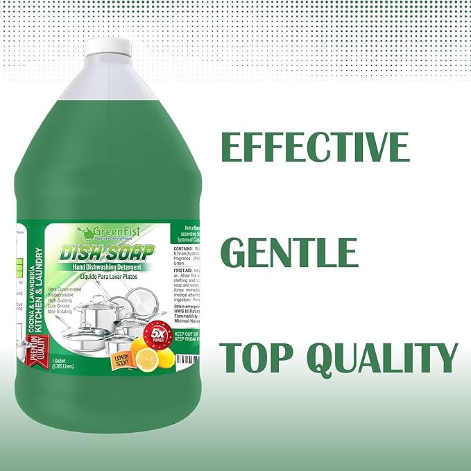 GreenFist Dish Soap Professional Detergent Liquid Pot & Pan Dish-Wash - Light or Heavy Use (Green Dish Soap 1 Gallon)