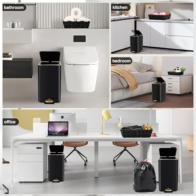 Small Bathroom Trash Can with Lid Soft Close, 1.8 Gallon Stainless Steel Garbage Can with Removable Inner Bucket,Wicker Storage Baskets,75Count Trash Bags, Slim Step Pedal Trash Bins