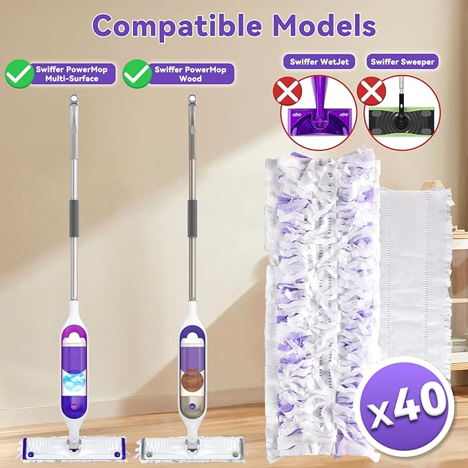 40 Pack Power Mop Pads Refills for Swiffer Power Mop | Heavy-Duty, Disposable Replacement Pads for Floor Cleaning, Multi-Surface & Wood Mopping Pad Refills (Unscented)