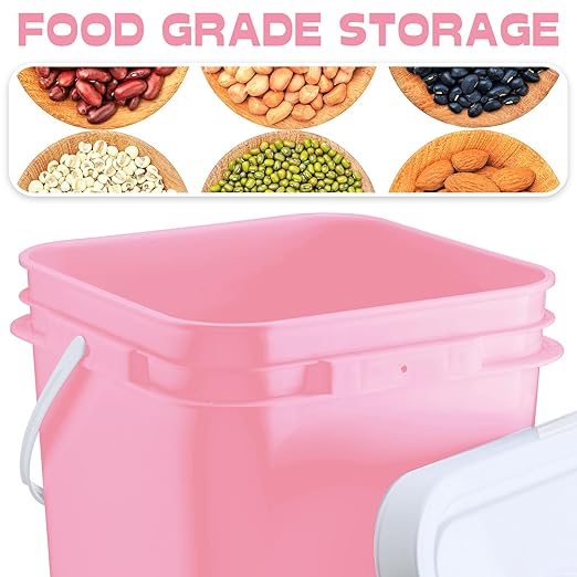 Vesici 6 Pcs 5 Gallon Food Grade Square Buckets with Lids 5 Gal Plastic Food Storage Square Bucket Heavy Duty Industrial Pail Container with DIY Label Stickers Handles for Water Painting(Pink)