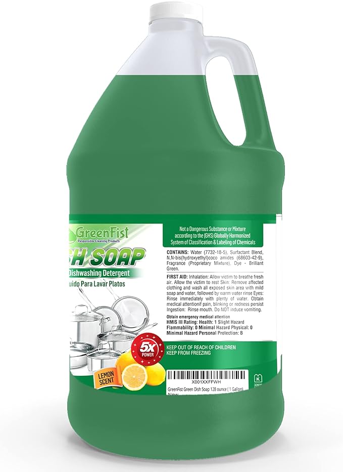 GreenFist Dish Soap Professional Detergent Liquid Pot & Pan Dish-Wash - Light or Heavy Use (Green Dish Soap 1 Gallon)