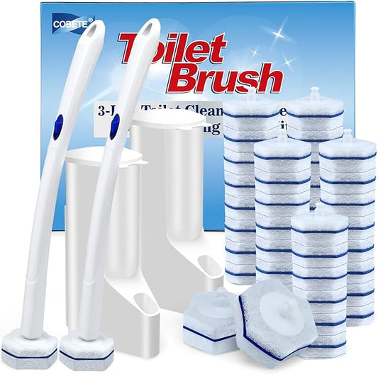 COBETE Disposable Toilet Brush Wand 2 Kit with 40 Refills, Efficient Deep Scrubbing Toilet Bowl Cleaner Wand for Bathroom Toilet Cleaning