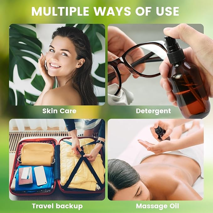 6 Pack 3.4oz Amber Spray Bottles, Small Fine Mist Mister Plastic Travel Bottles, Empty Bottles Set for Essential Oils Hair