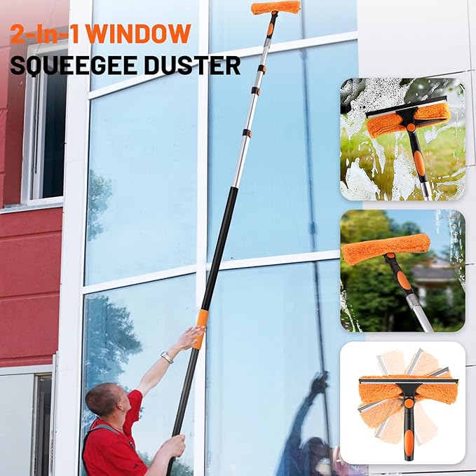 20ft High Reach Duster Kit with Extendable Pole (5-12ft),High Ceiling Duster Kit Includes–Ceiling Fan Blade Cleaner, Cobweb Remover, Bendable Duster, Microfiber Glass Scrubber & Squeegee & Swivel Head