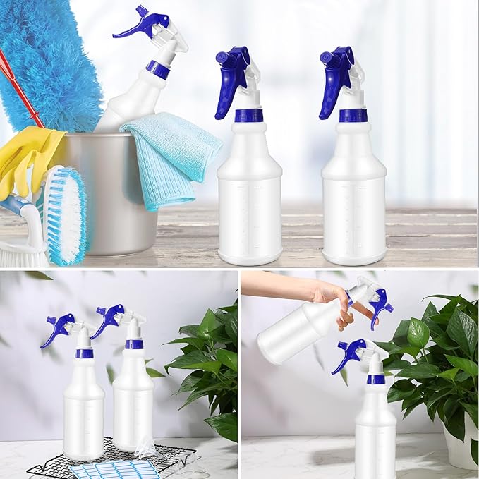 Zubebe 24 Pack 32 oz Plastic Spray Bottle Bulk Empty Leakproof Heavy Duty Spray Bottles for Cleaning Supplies Mist Bottles with Label and Adjustable Nozzle for Plant (Blue,Clear Scale)