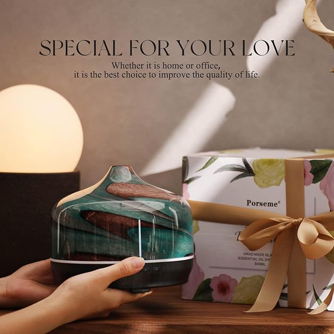 Porseme 500ml Glass Essential Oil Diffuser Aromatherapy Ultrasonic Cool Mist Humidifier 15-21 Running Hours Waterless Auto-Off Air Diffusers for Sleeping Yoga Office Working Spa and Rest (Teal Green)