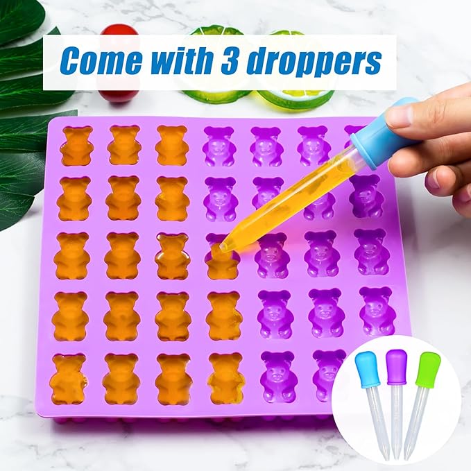 Large Gummy Bear Mold Candy Molds, Non-Stick Silicone Ice Cube Moulds Chocolate Molds BPA Free with 3 Droppers, Set of 3