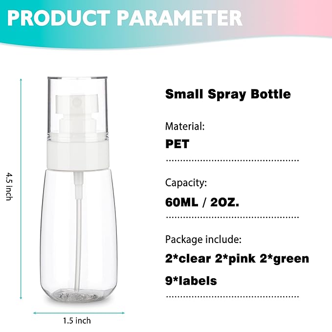 6 Pack 2.7oz/80ml Small Spray Bottle, Plastic Spray Bottles, Fine Mist Travel Spray Bottle for Hair and Face, with 9pcs Labels