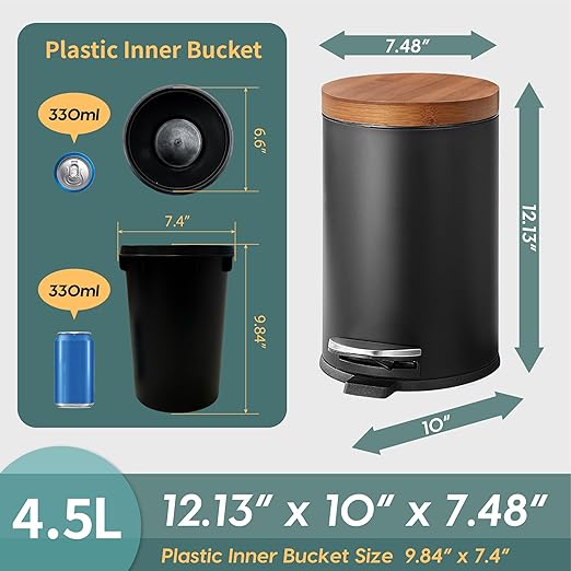 SunnyPoint Elite Bamboo Lid 4.5 Liter / 1.2 Gallon Round Trash Can with Plastic Inner Bucket; Bathroom, Office, Kitchen and Bedroom Step On and Slow Close (Black)