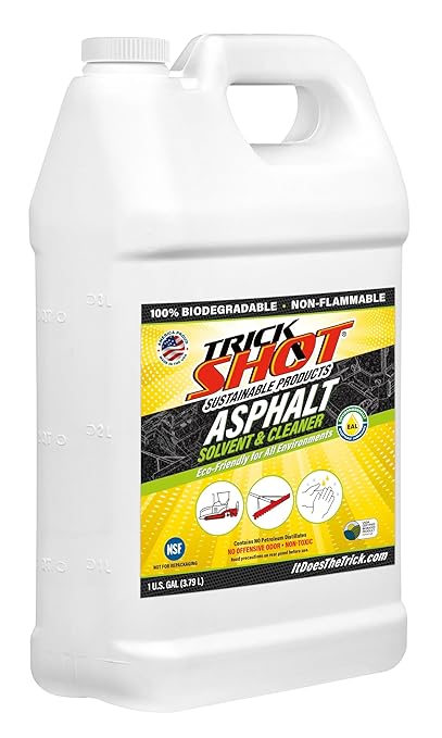 Trick Shot Asphalt Solvent and Cleaner - Biodegradable Industrial Degreaser for Paving Equipment & Tools - Eco-Friendly Remover of Tar, Tack, Sealcoating Oil, & Bitumen, Made in USA (1 Gallon Can)