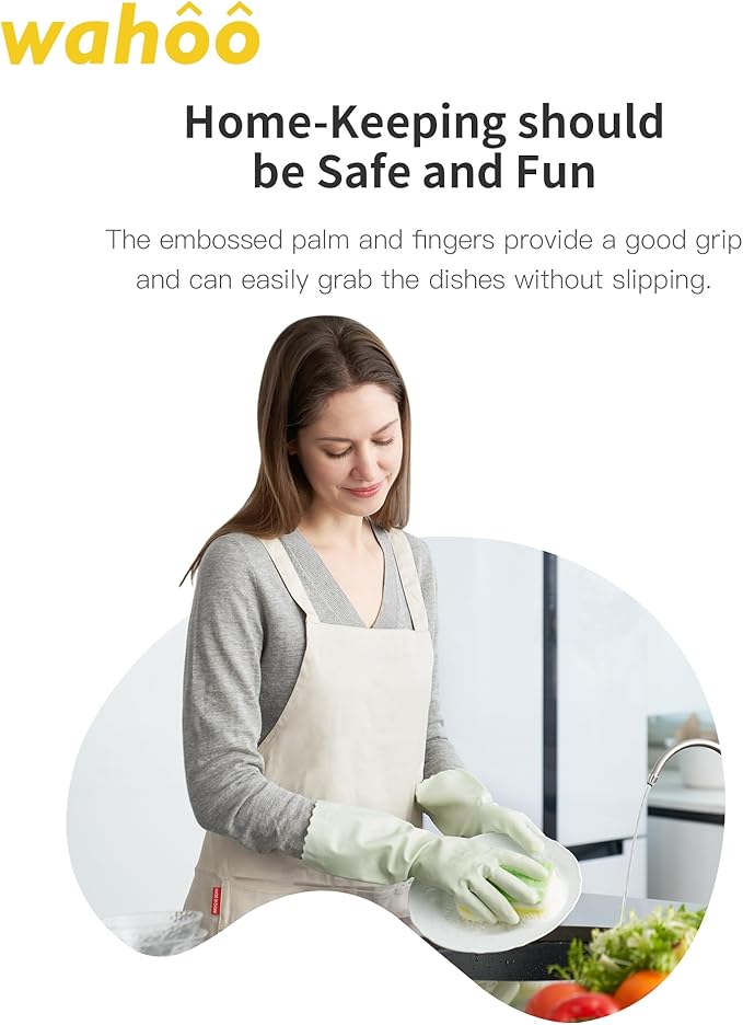 wahoo Skin-Friendly Cleaning Gloves, Reusable Dishwashing Gloves with Flocked Cotton Liner, Dishwashing, Kitchen, Canary Green, Large