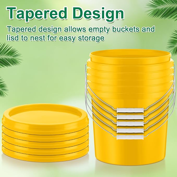Tioncy 10 Pcs 2 Gallon Plastic Bucket with Lid Heavy Duty 2 Gallon Bucket Pail with Lid Handle for Storage Container Home Household Cleaning (Yellow)