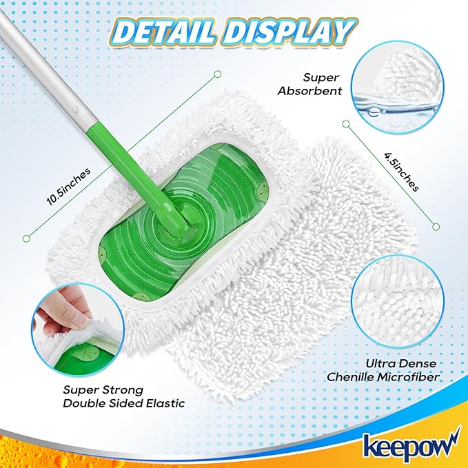 KEEPOW Reusable Microfiber Mop Pads Compatible with Swiffer Sweeper, Dry Sweeping Cloths, Washable Wet Mopping Cloth Refills for Hardwood Floor Cleaning, 4 Pack