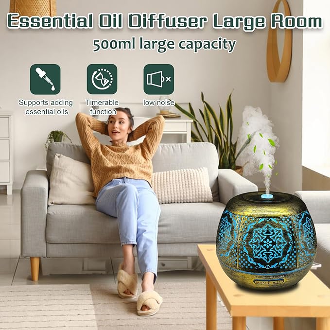 Essential Oil Diffuser for Home 500ML, Aromatherapy Diffusers for Essential Oils Large Room with Cool Mist Humidifiers for Bedroom 7 Colors Changed & 3 Mist Mode Automatic Shut-Off - B