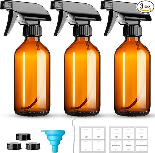 8oz Amber Glass Spray Bottles,3 Pack Glass Spray Bottles Refillable Empty Bottle with Adjustable Nozzle,Spray Bottle for Essential Oils,Cleaning Solutions,Pets,Hair Mister,Gardening