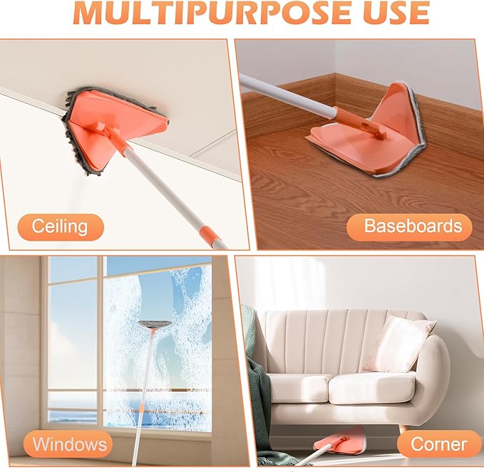Wall Cleaner Triangle Mop with 82'' Long Handle - Wall Scrubber, Cleaning Washer Tool with 4 Microfiber Chenille Duster Pads for Clean Walls, Ceiling, Windows, Floors, Baseboards (4 Pads)