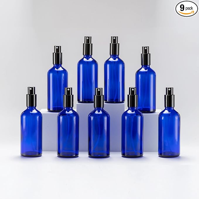 YIZHAO Blue Glass Spray Bottles 4oz, with Small Fine Mist Spray, Metal Cap, Refillable for Essential Oil,Travel,Cleaning,Perfume,Aromatherapy,Makeup – 9 Pcs