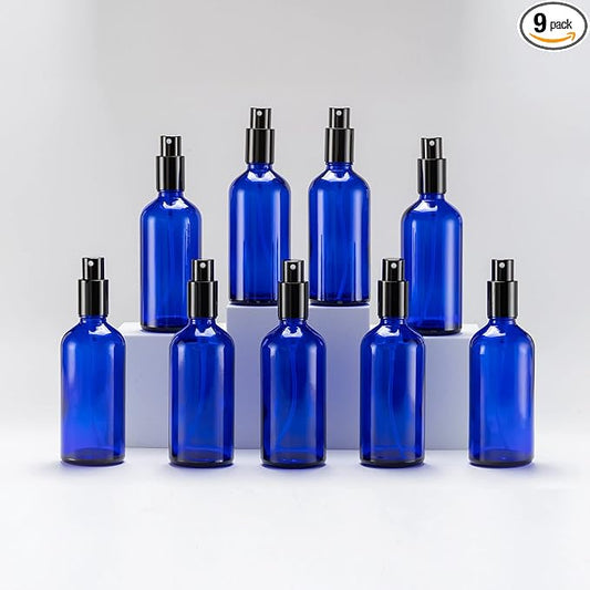 YIZHAO Blue Glass Spray Bottles 4oz, with Small Fine Mist Spray, Metal Cap, Refillable for Essential Oil,Travel,Cleaning,Perfume,Aromatherapy,Makeup – 9 Pcs
